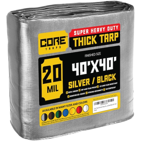 Core Tarps Heavy Duty Tarp, 40 ft L x 0.5 mm H x 40 ft W, 20 Mil, Silver/Black, Polyethylene CT-701-40X40